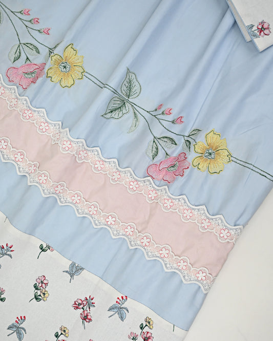 Light Blue Rida With Floral Print Panel Lacing & Floral Embroidery All Over Border