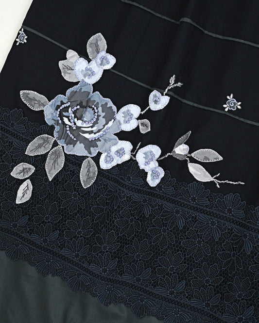 Midnight Black Rida With Dark Lacing Panel & Smart Floral Applique With Embroidery