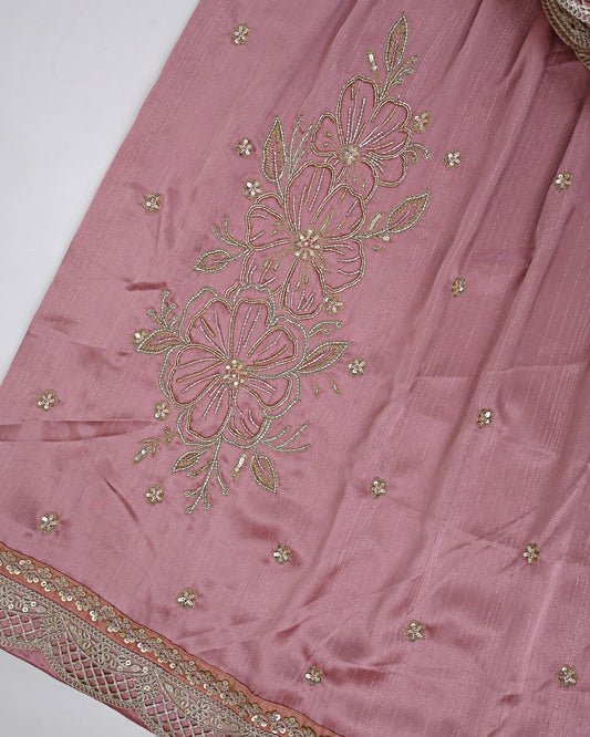 Soft Berry Pink Shimmer Rida With Smart Floral Aari Work & Golden Lace