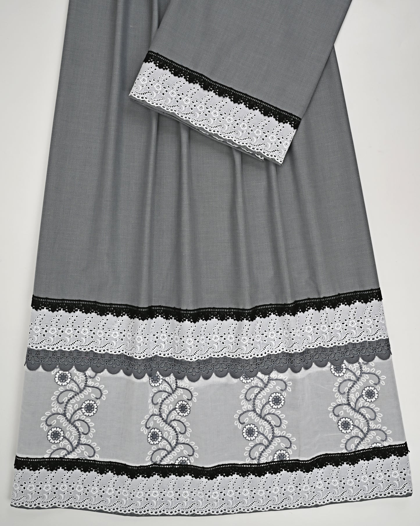 Charcoal Grey Rida With Smart White Floral Design Lace
