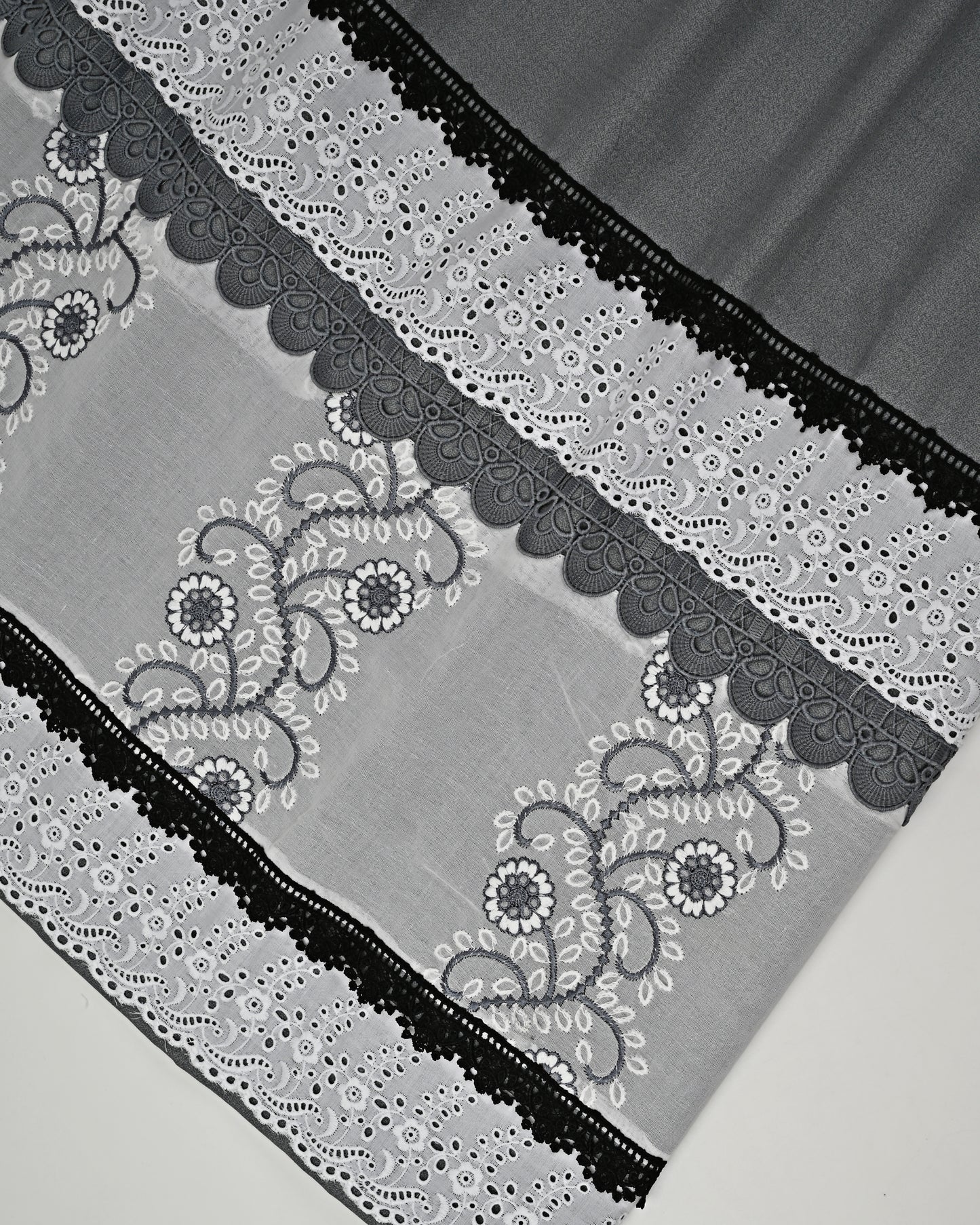 Charcoal Grey Rida With Smart White Floral Design Lace