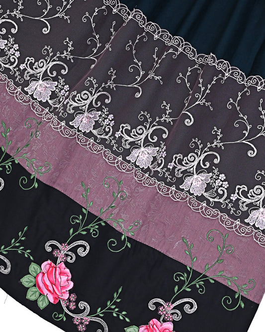 Berry Blue Rida With Smart Floral Lace & Rose Embroidery Panel