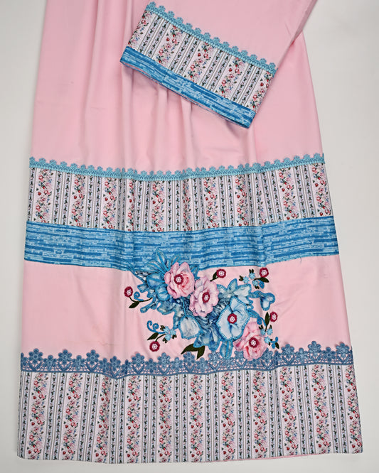 Baby Pink Rida With Up Down Printed Panel & Floral Applique Bunch-2500/-