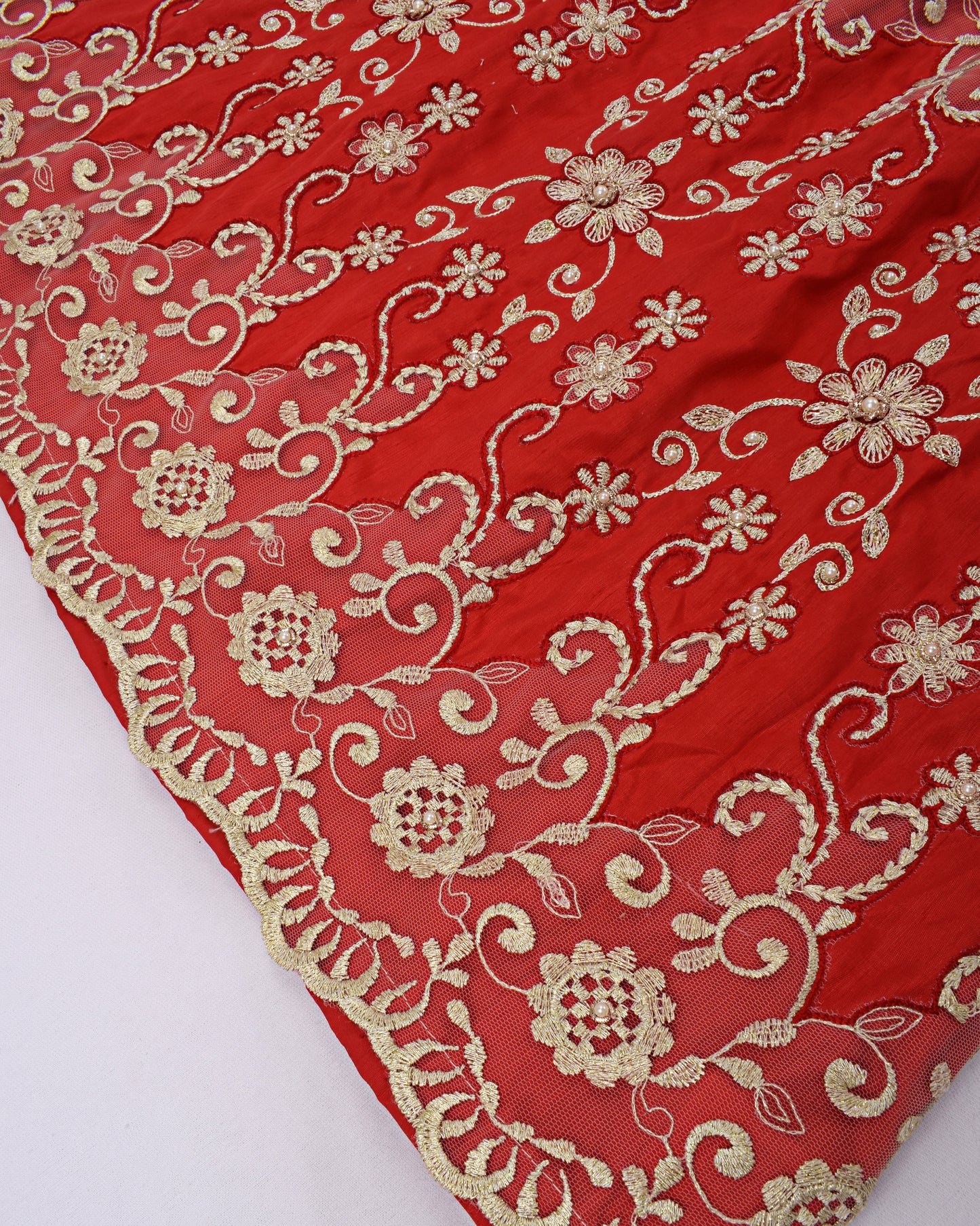 Plain Red Rida With Golden Lace & Aari Work