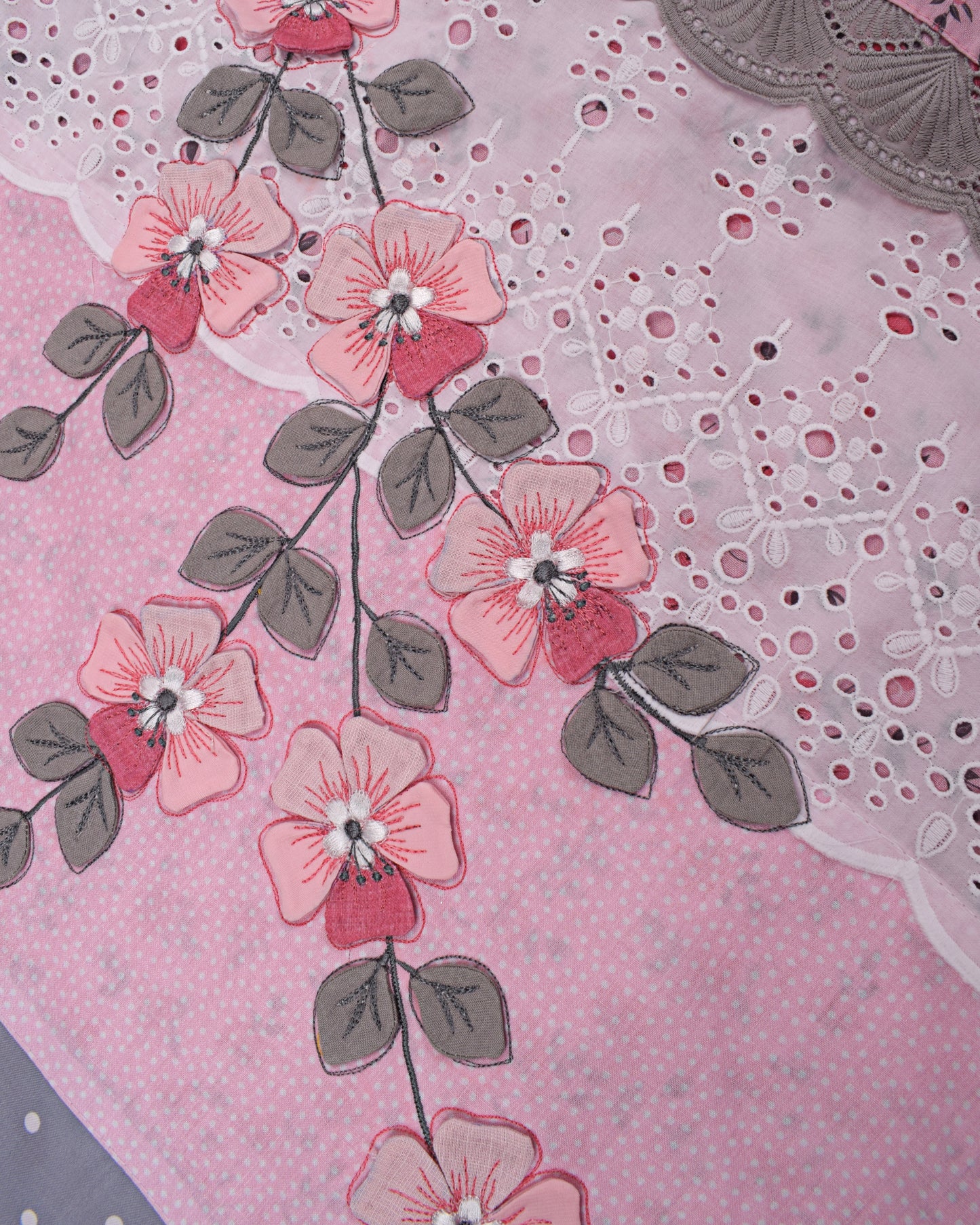 Pink & Grey Floral Printed & Applique Flower Work