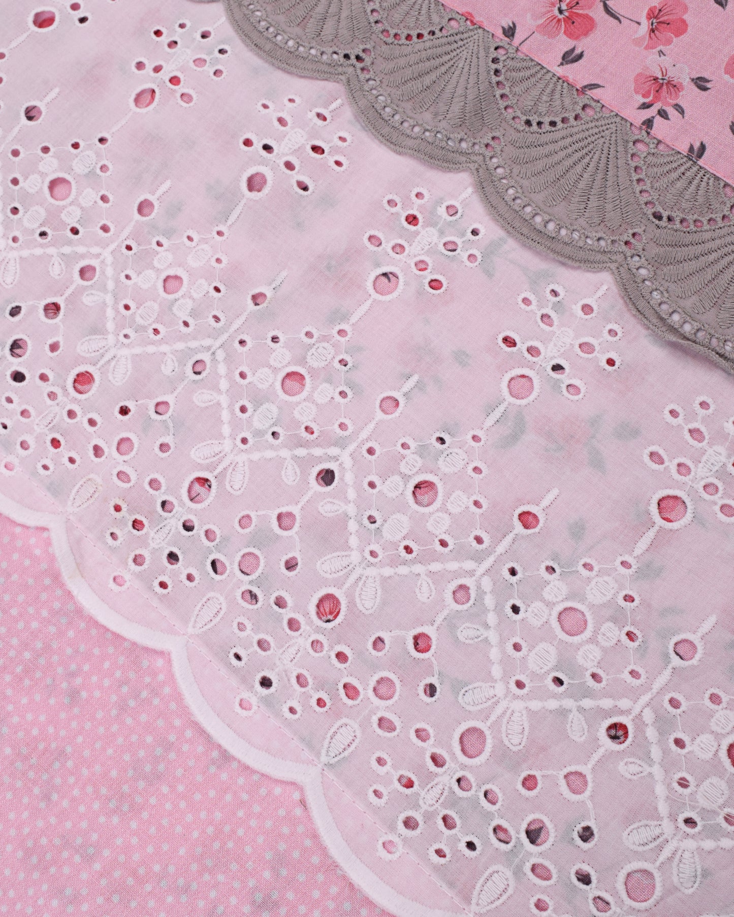 Pink & Grey Floral Printed & Applique Flower Work
