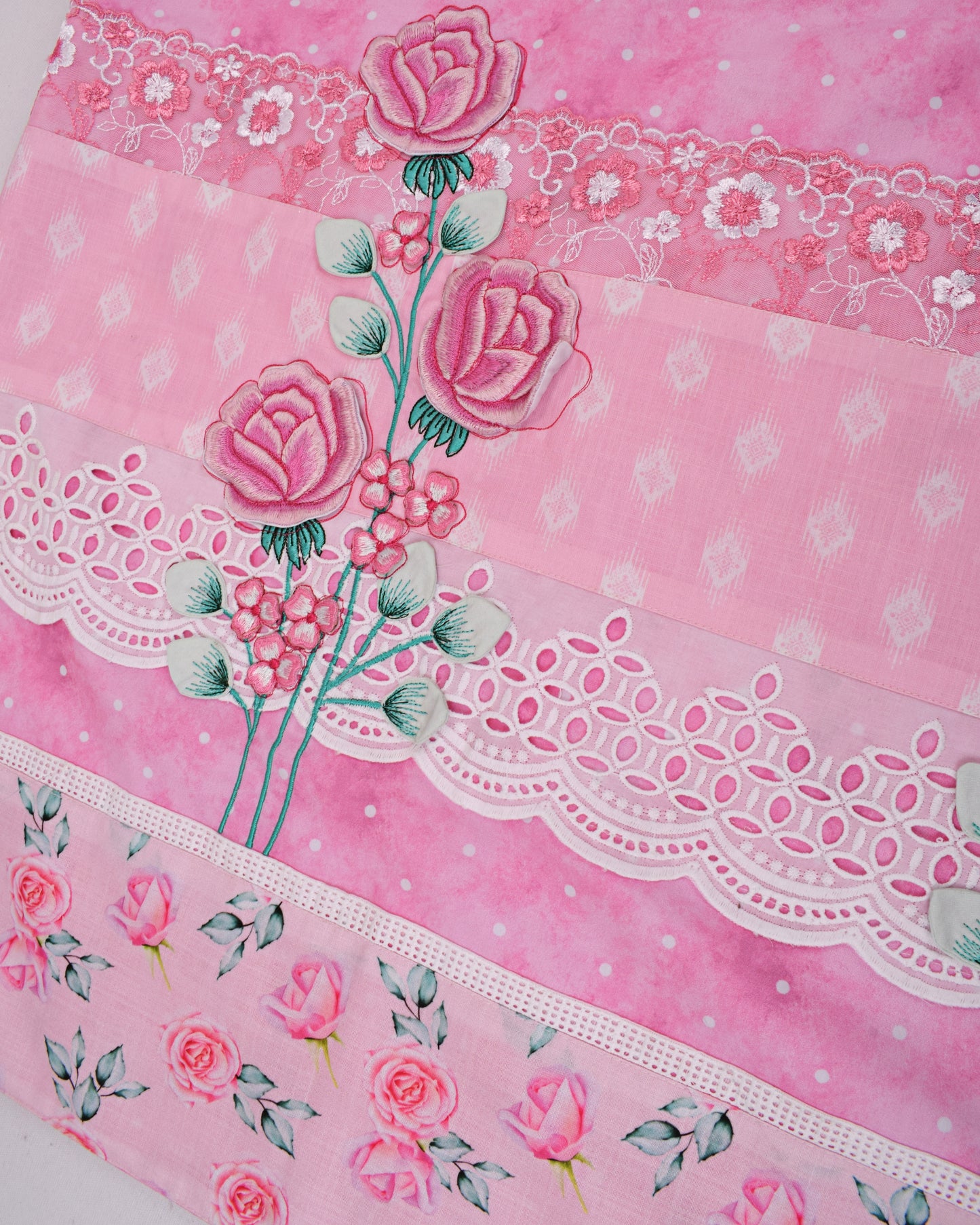 Onion Marble White Dots With Floral Panel & Rose Applique Work