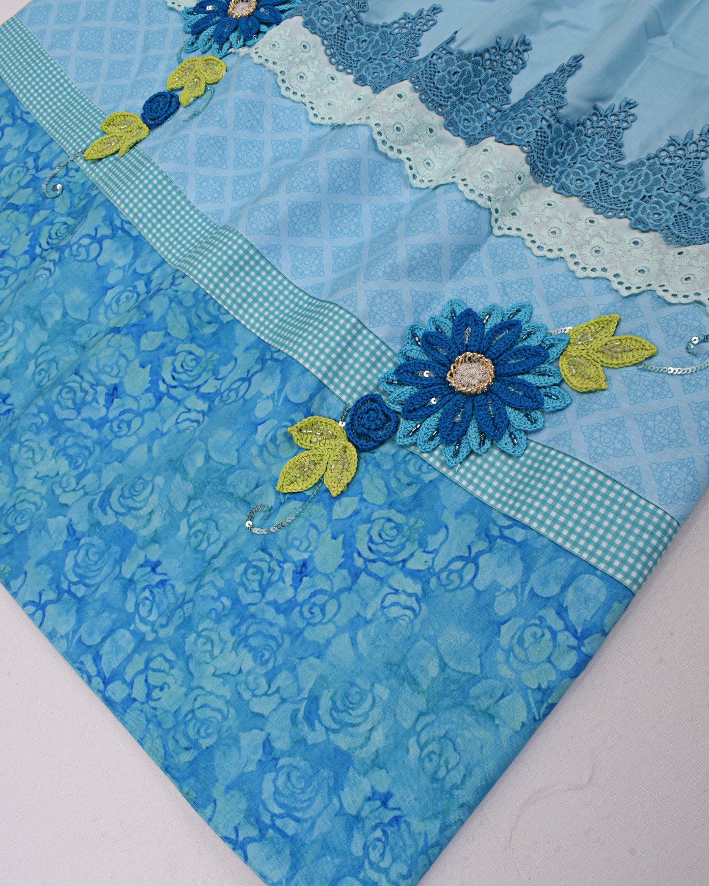 Turquoise Blue With Applique Work & Lace