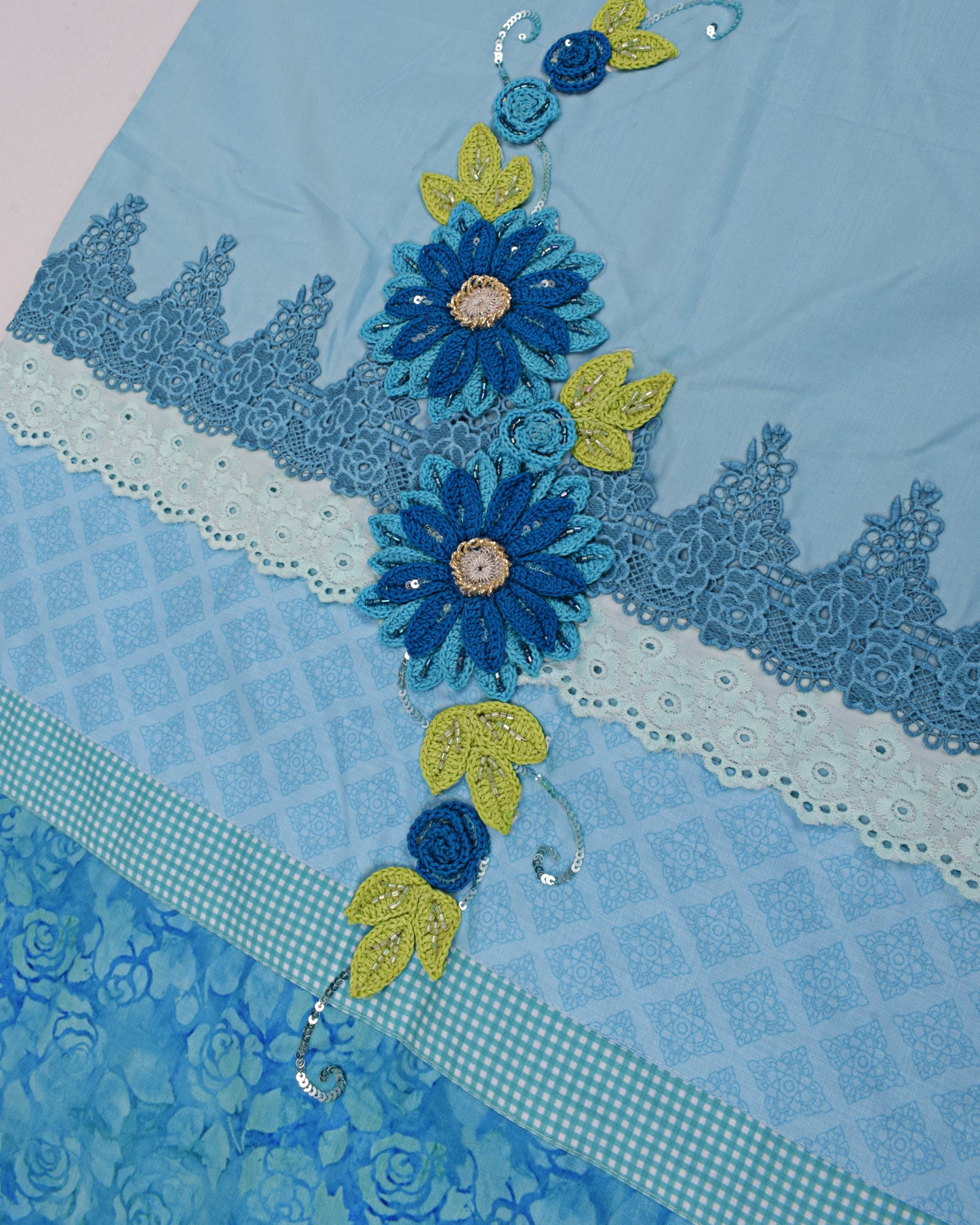 Turquoise Blue With Applique Work & Lace
