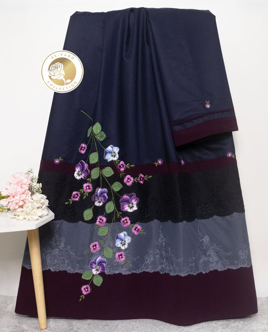 Navy Blue Rida With Smart Dark Lace Panel & Floral Work