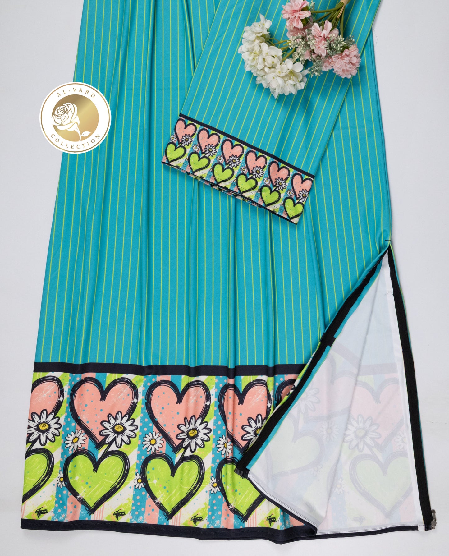 Teal Yellow Lining Swim Wear With Hearts Printed in Two Colors & Floral Print