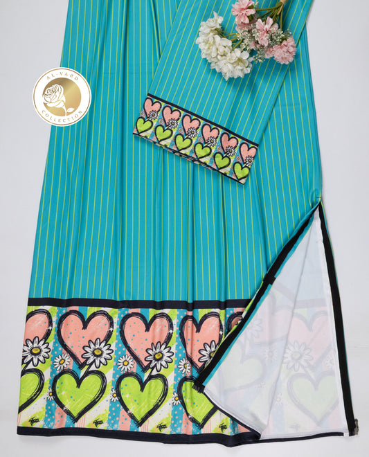 Teal Yellow Lining Swim Wear With Hearts Printed in Two Colors & Floral Print