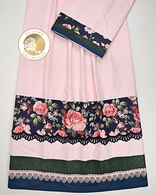 Baby Pink Rida With Smart Dark Floral Panel & Lace & Tikri Touch Up