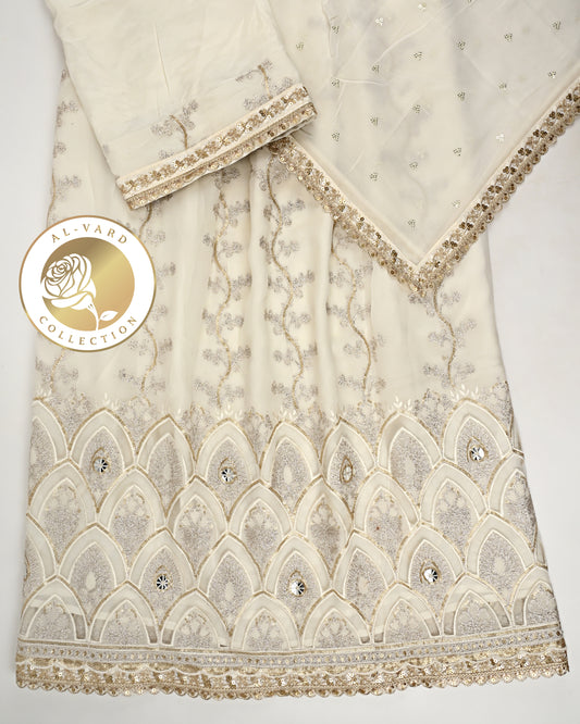 Ivory RCJ With Full Golden Embroidery Work & Golden Booties Dupatta