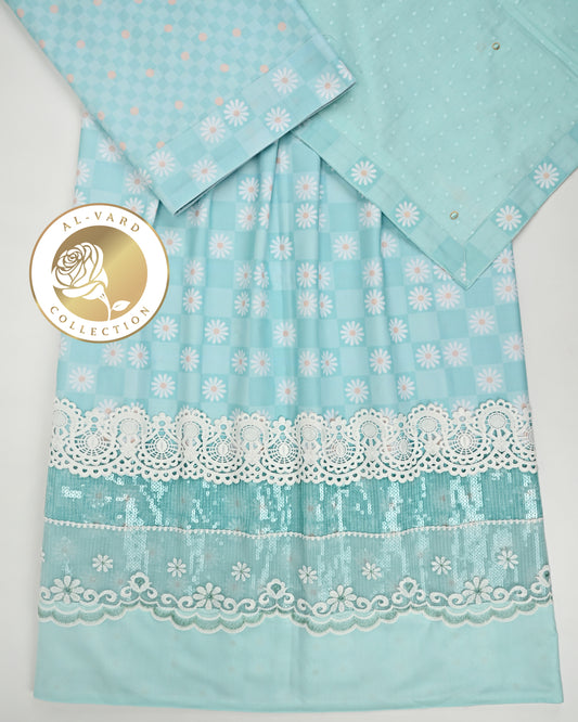 Light Mint Floral RCJ With Smart Lace Panel With Dupatta