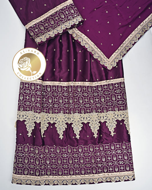 Dark Purple RCJ With Smart Heavy Lacing Golden Panel & Same Dupatta With Border
