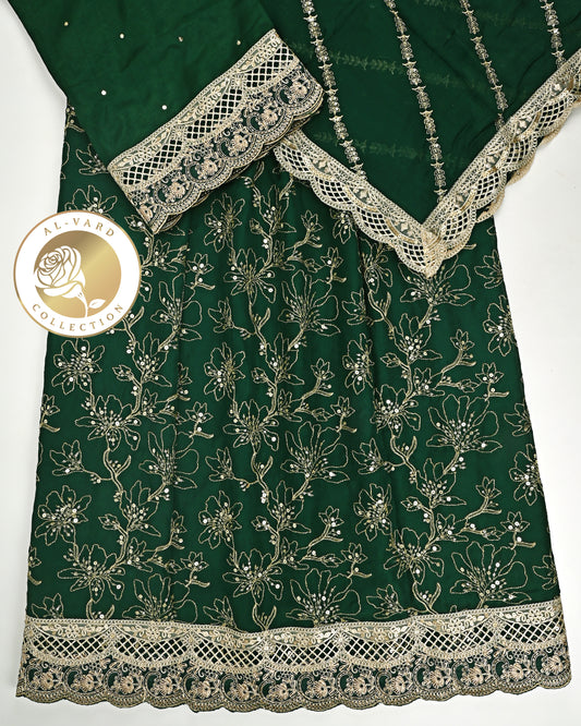 Dark Green RCJ With Full Embroidery Material & Golden Lace