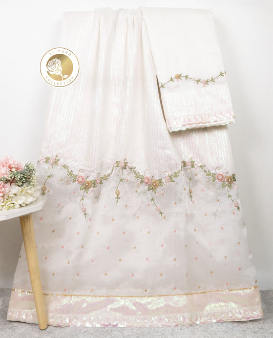 White Rida With Smart Orgainza Net Panel Sequence Lace & All Over Floral Aari Border