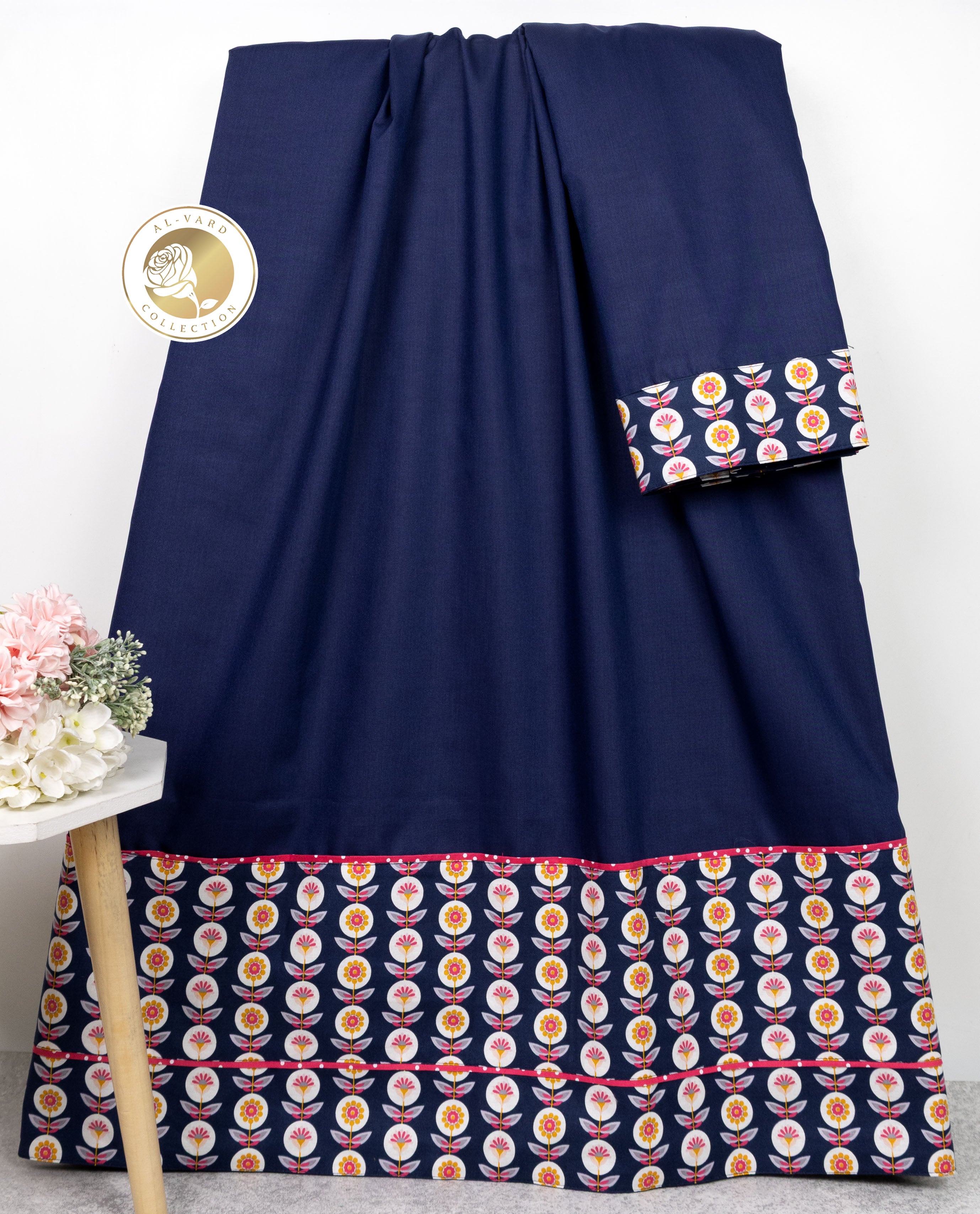 Dark Blue Rida With Floral Printed Panel & Pipin