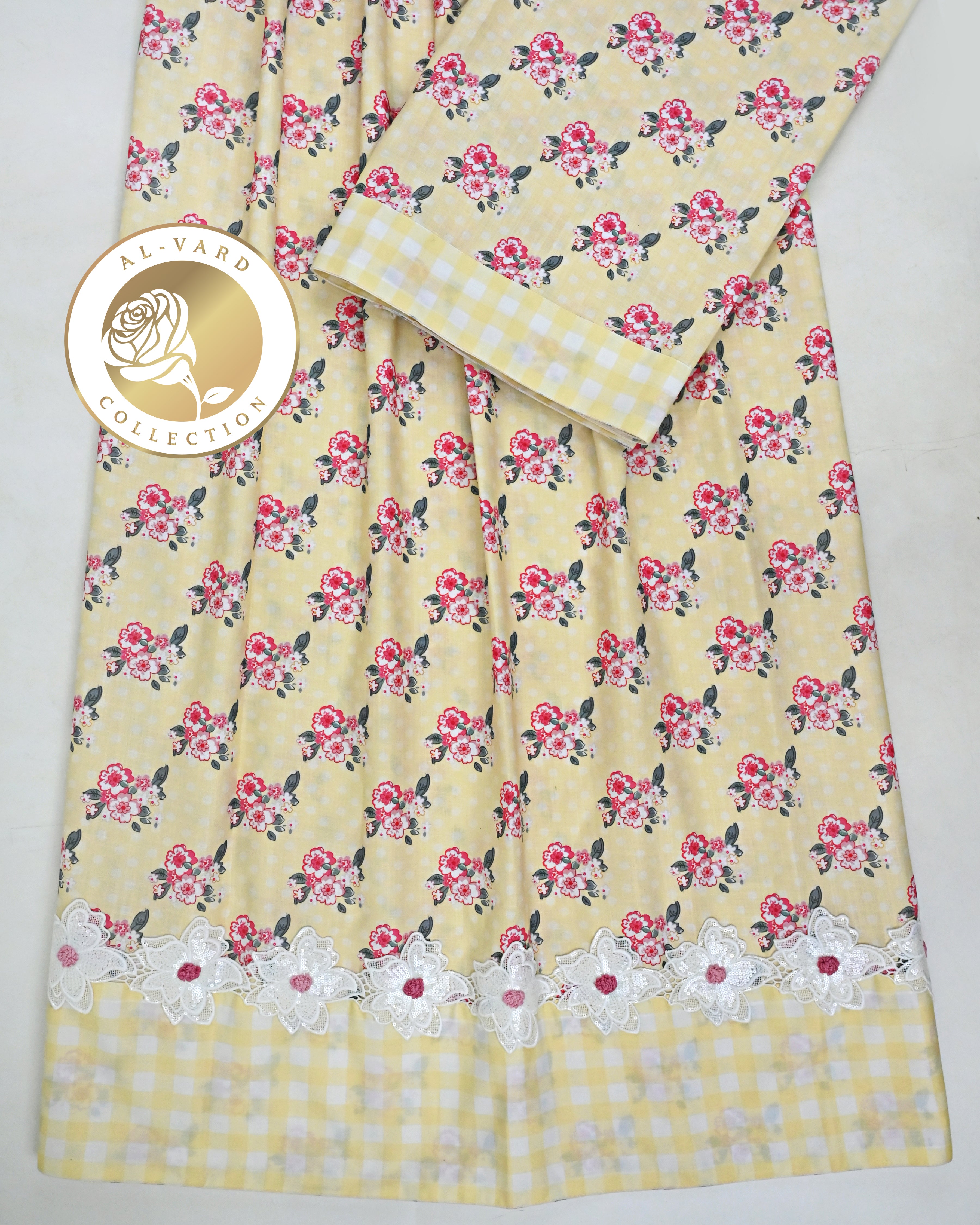 Lemon Yellow Floral Printed Rida With Smart Floral Lace & Smart Checks