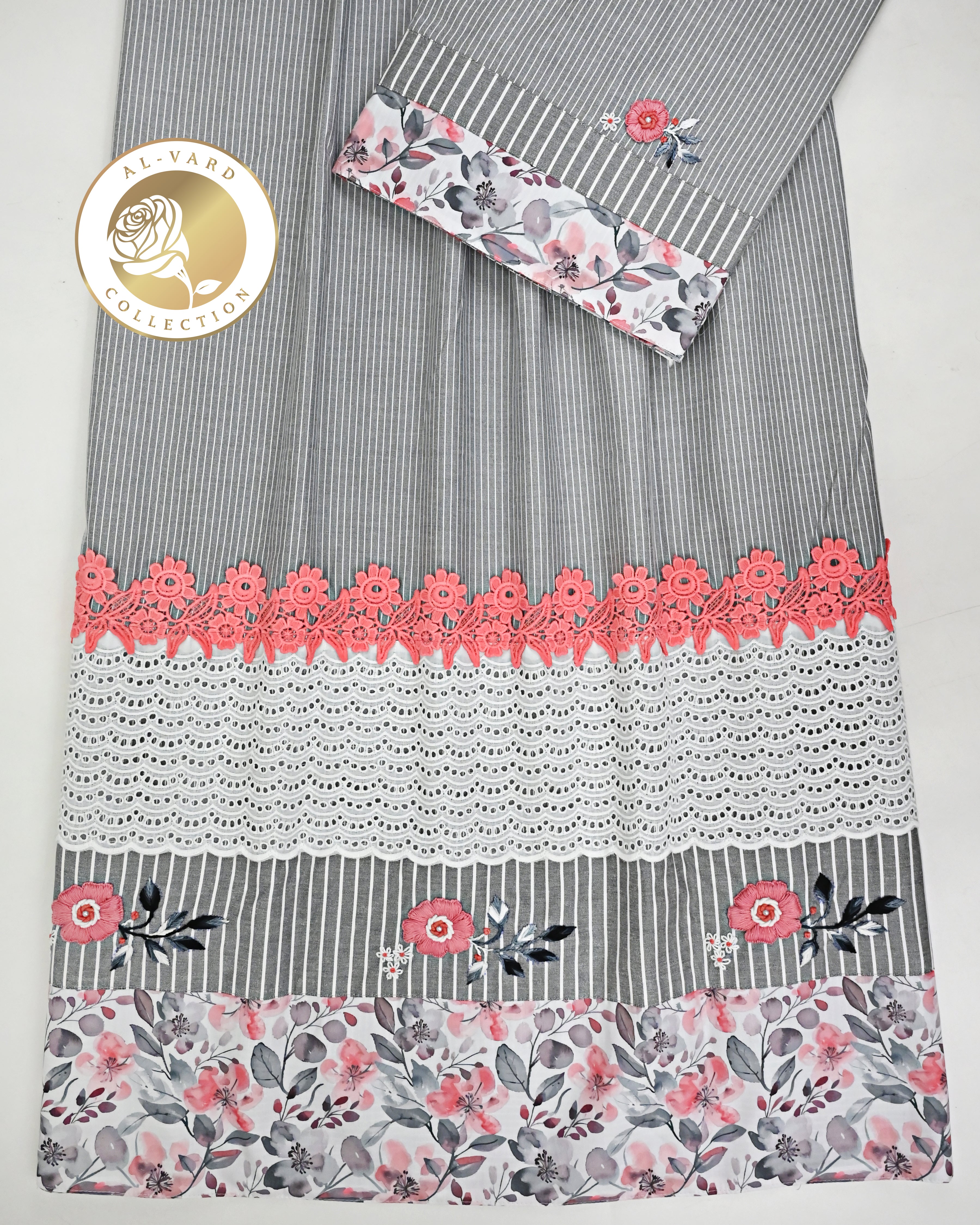 Dark Grey Base White Stripes Rida With Smart Floral Work Panel & Hakoba Lacing-2700/-