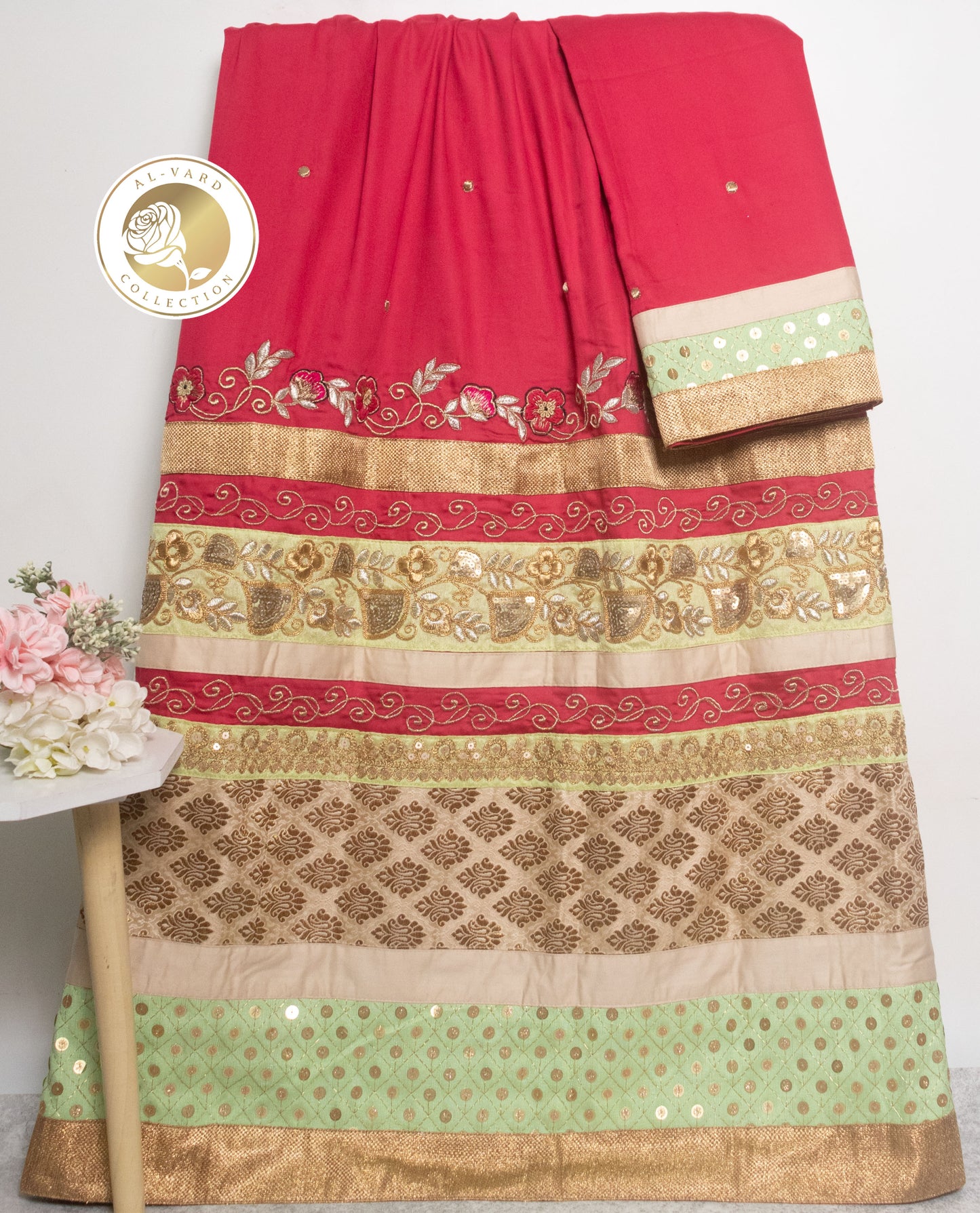 Red Rida With Heavy Golden Panel & Border Work