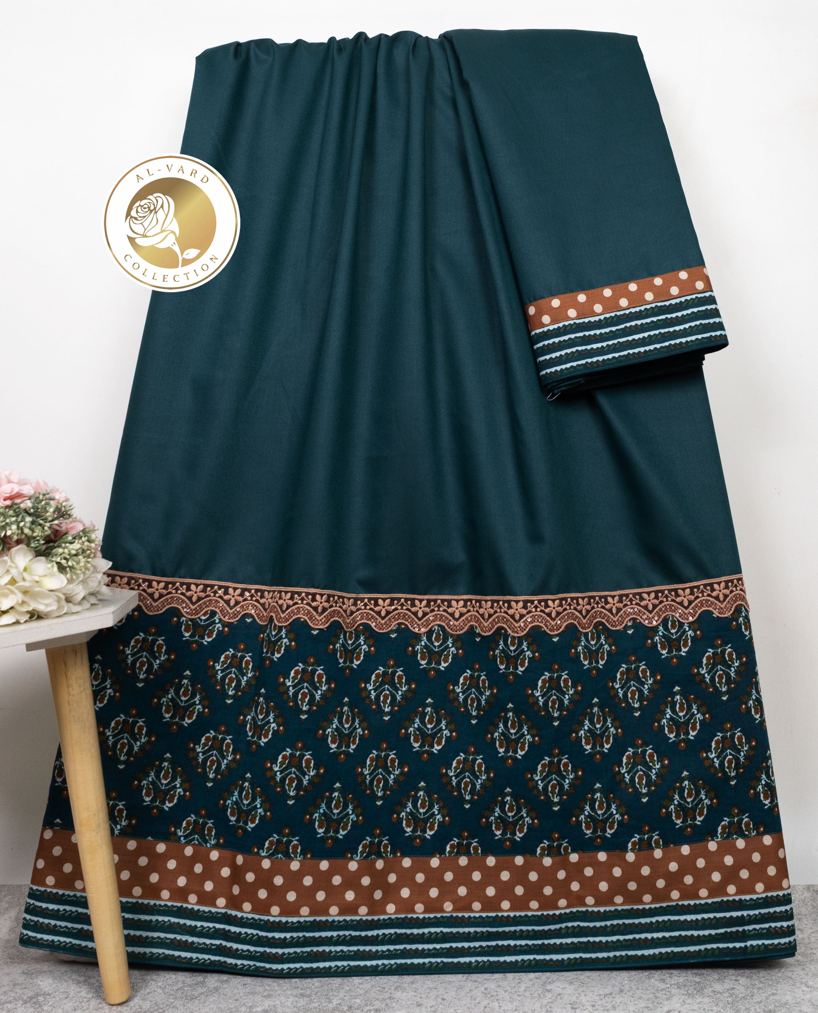 Deep Teal Rida With Smart Batik Print Dots Panel & Smart Lace