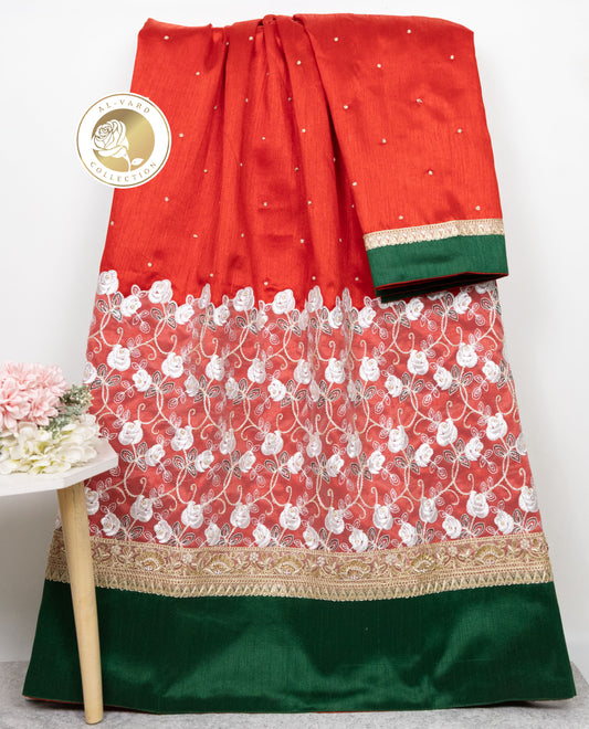 Crimson Red Rida With Dark Panel & Smart Floral Lace Aari TouchUp