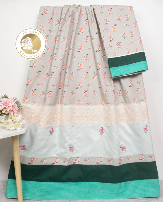 Light Grey Rose Print Rida With Smart Panel & Smart Embroidery Floral