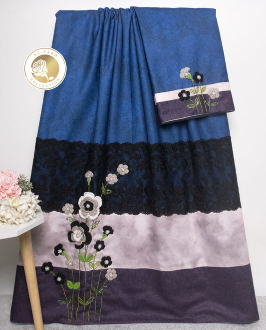 Royal Blue Rida With Smart Black Lace Panel & Floral Work