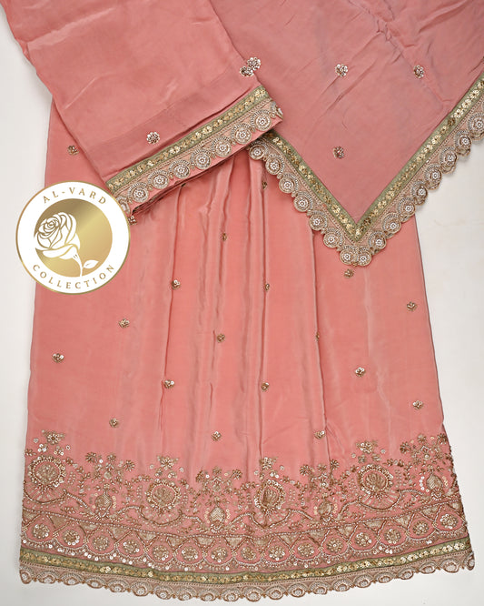 Carrot Pink RCJ With All Over Booties & Golden Heavy Work/Dupatta With Lace