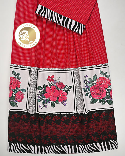 Blood Red Rida With Smart Floral Work Panel & Black Lace