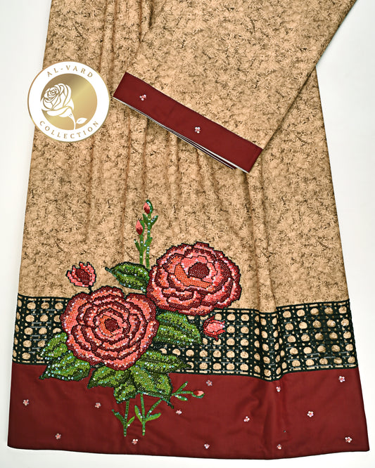 Mustard Yellow Self Print Rida With Dark Panel & Floral Crosschet Bunch