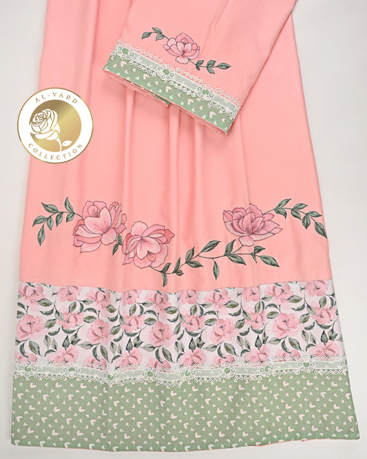 Blush Pink Rida With Smart Floral Print Panel & Floral Embriodery Work