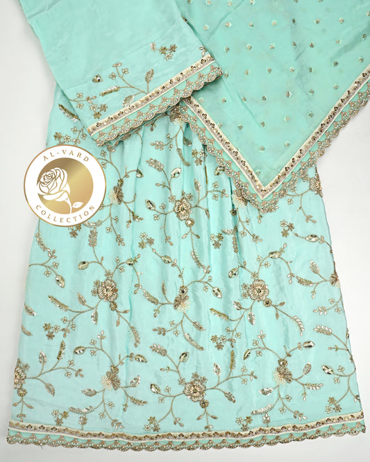 Mint RCJ With Full Floral Heavy Work & Dupatta With Lite Border
