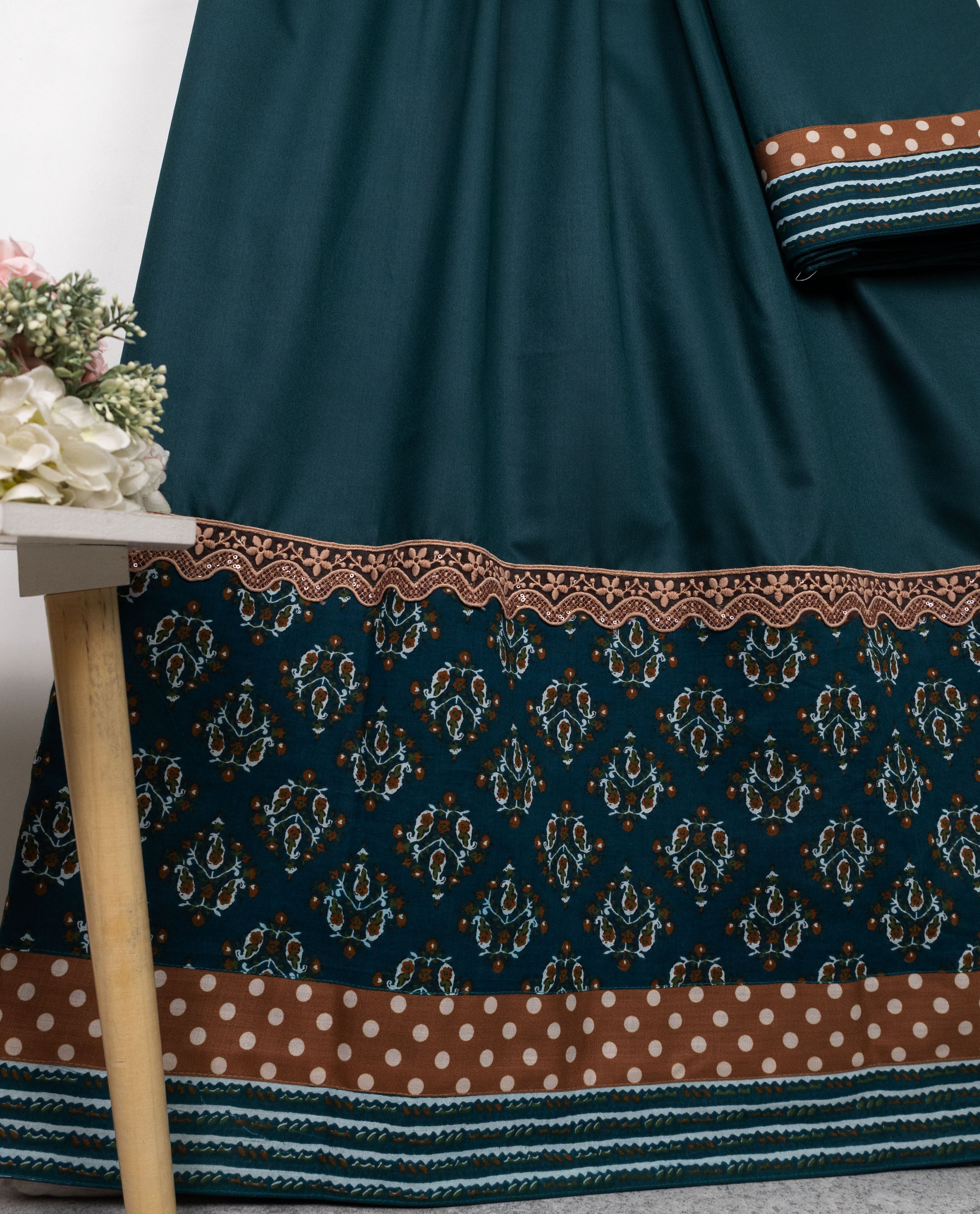Deep Teal Rida With Smart Batik Print Dots Panel & Smart Lace