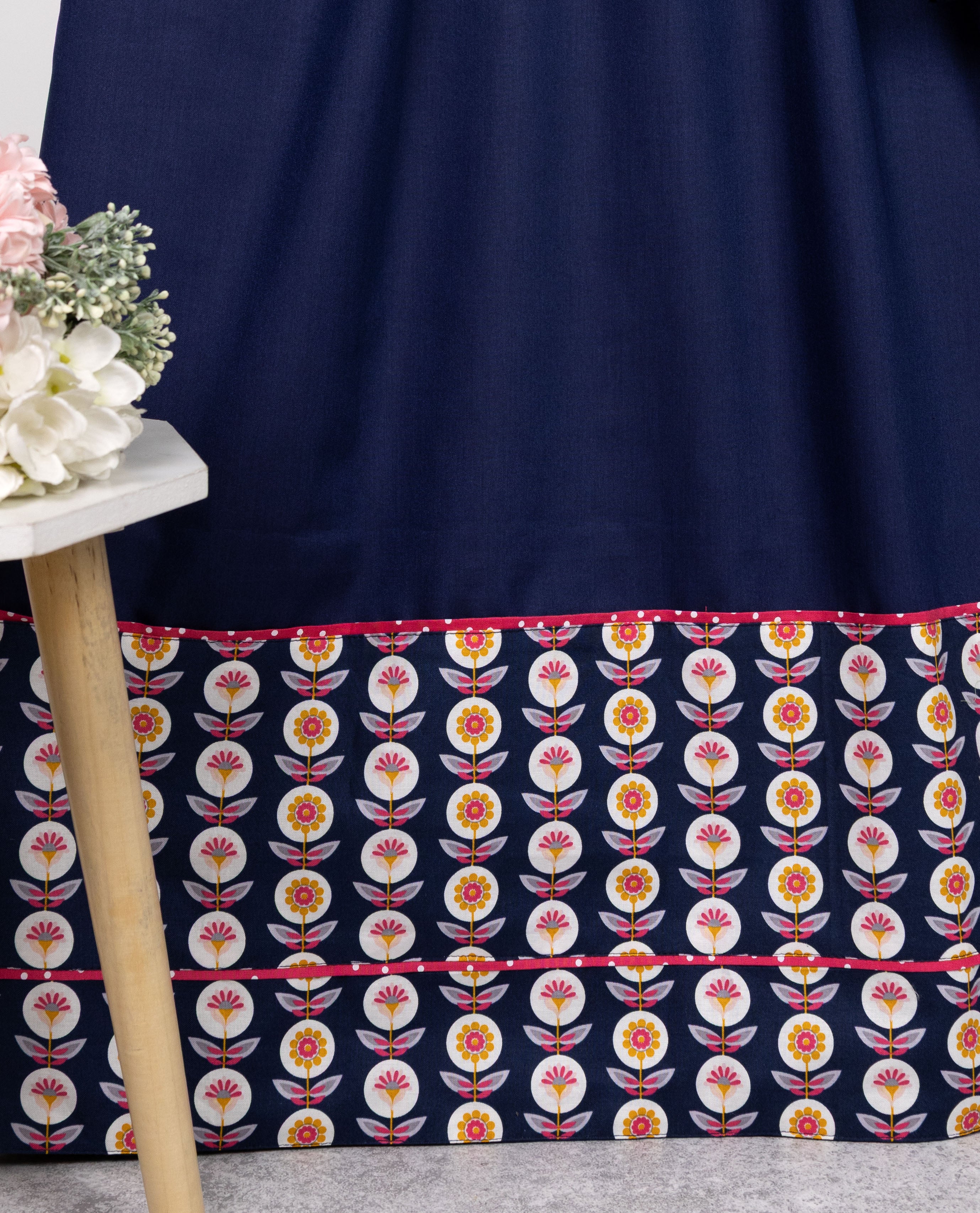 Dark Blue Rida With Floral Printed Panel & Pipin