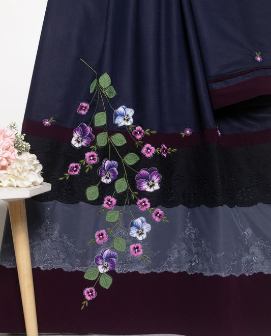 Navy Blue Rida With Smart Dark Lace Panel & Floral Work