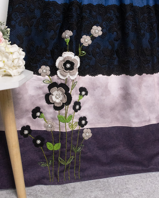 Royal Blue Rida With Smart Black Lace Panel & Floral Work