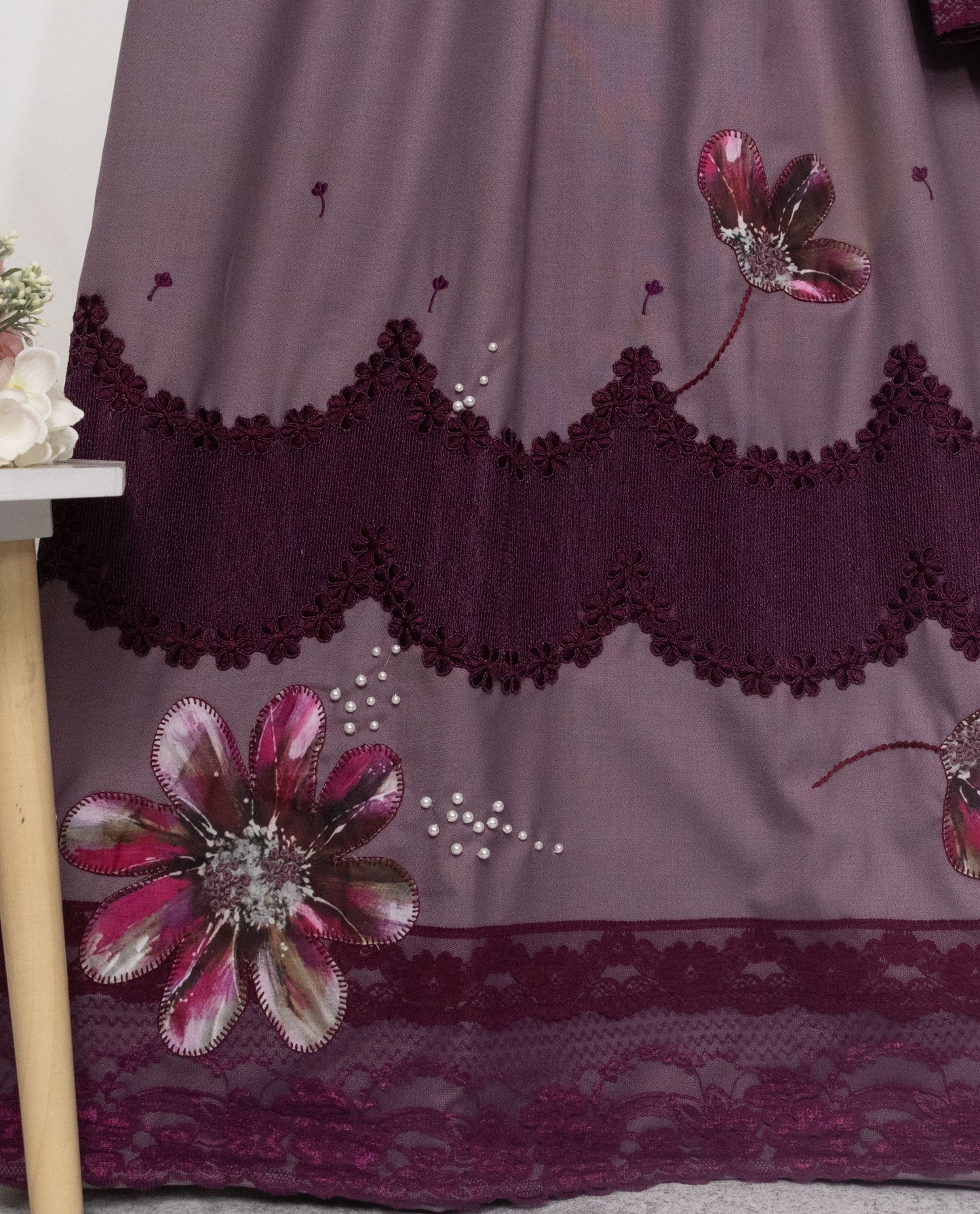 Dark Purple Rida With Smart Dark Lace & Floral Work