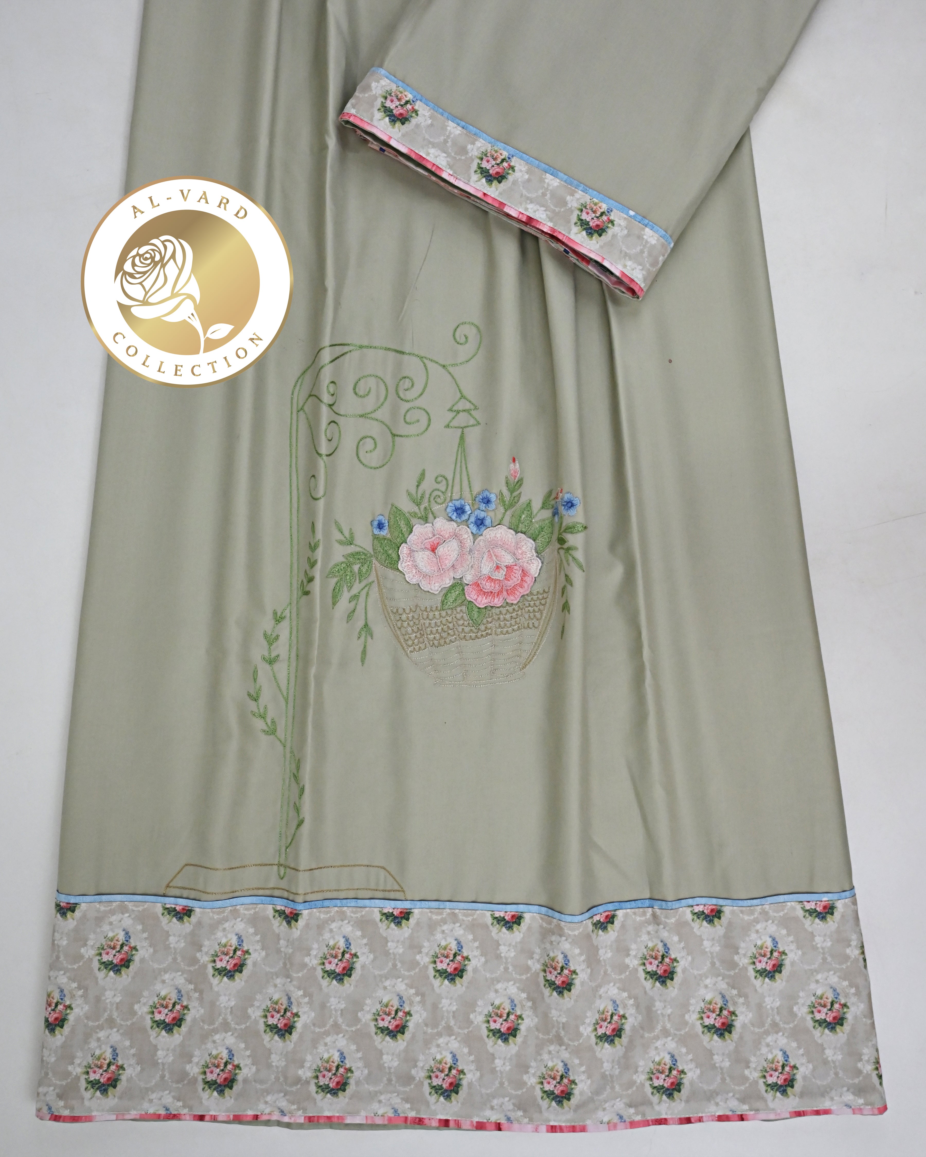 Sage Green Rida With Smart Floral Print Panel & Smart Embroidery Bunch On Front