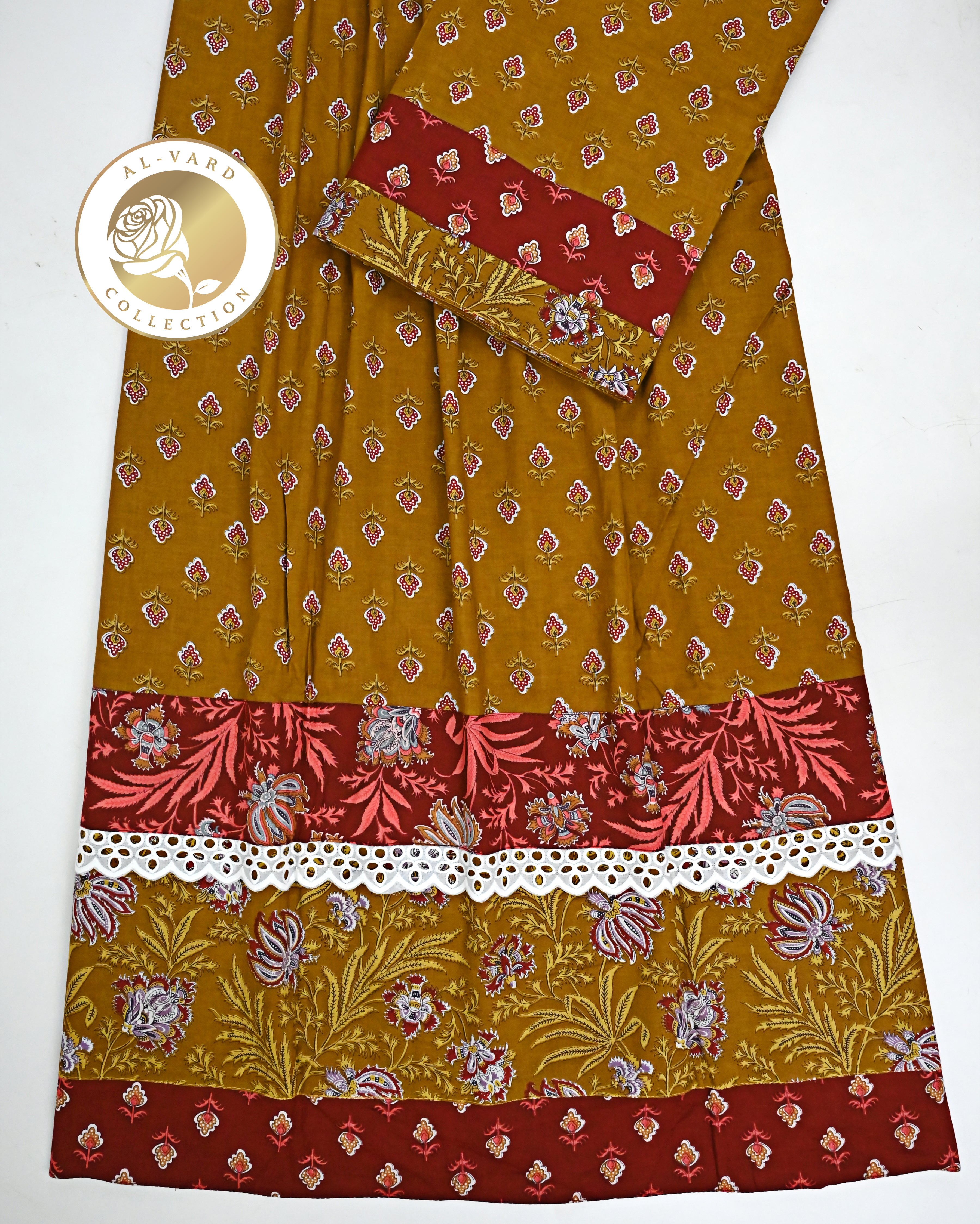 Mustard Yellow Batik Rida With Smart Lace & Dark Red Batik Panel-1450/-