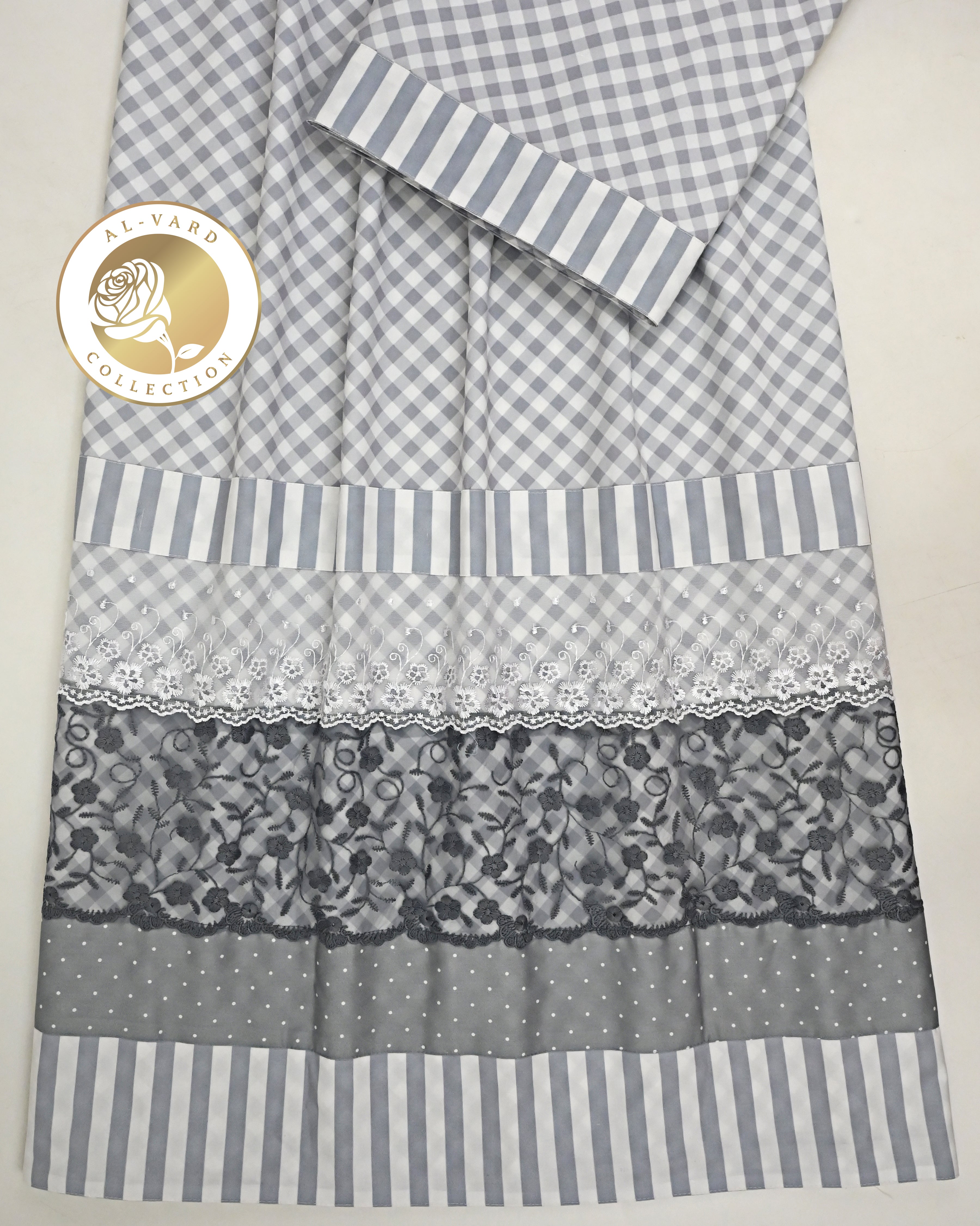 Grey White Cheks Rida With Smart Stripes Dots Panel & Smart Grey Floral Lace