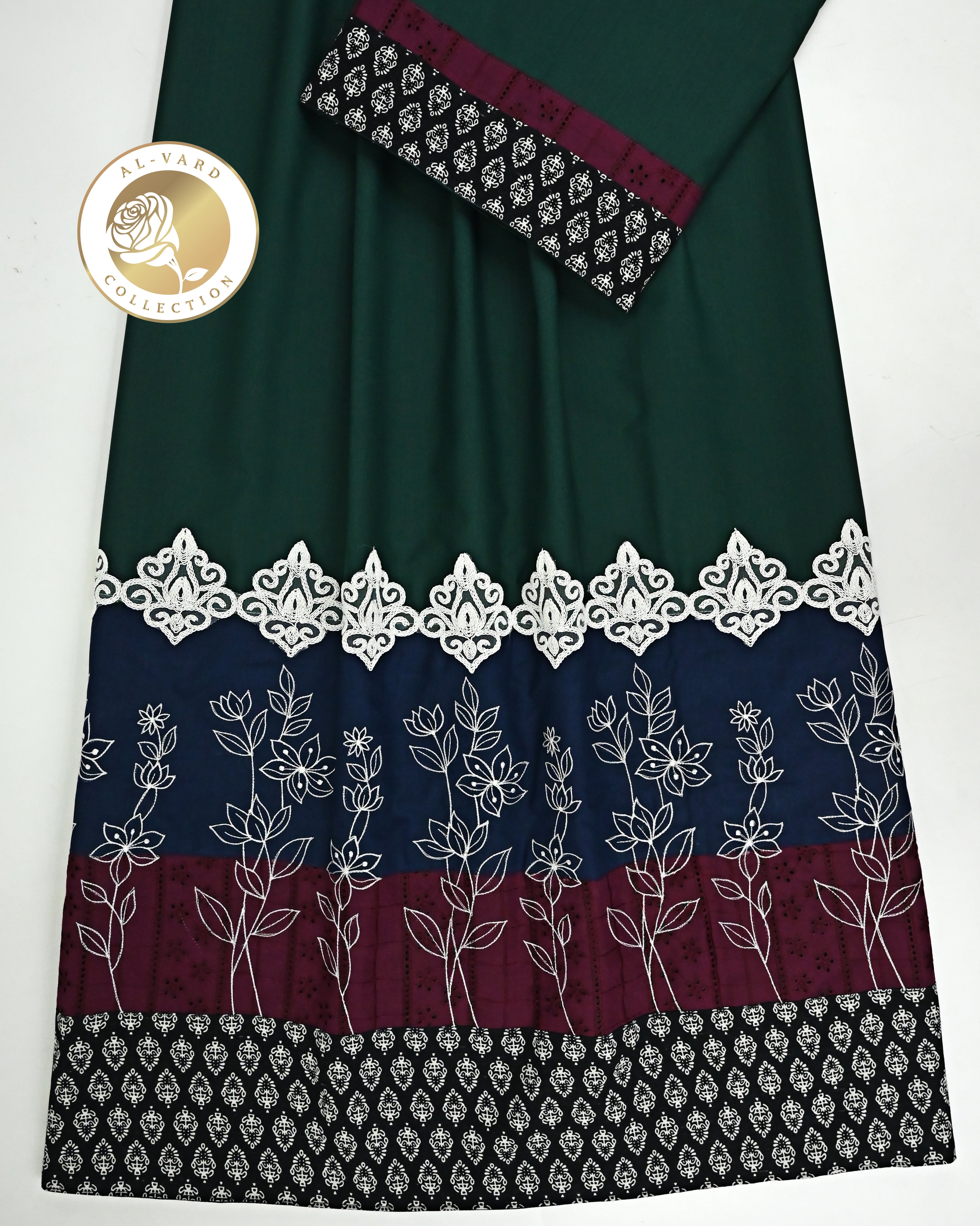 Dark Emerald Green Rida With Smart Batik Print Panel Smart Lace & Smart Embroidery Work