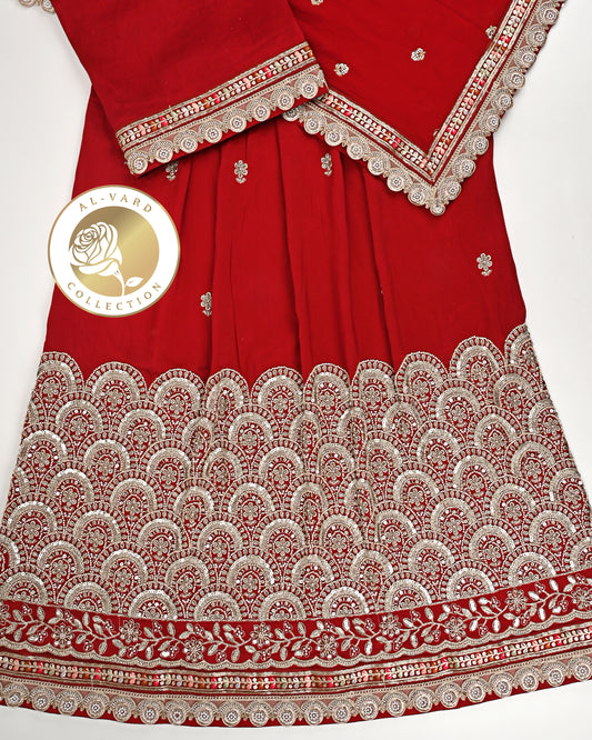 Red RCJ With Heavy Golden Work With Dupatta With Golden Lace