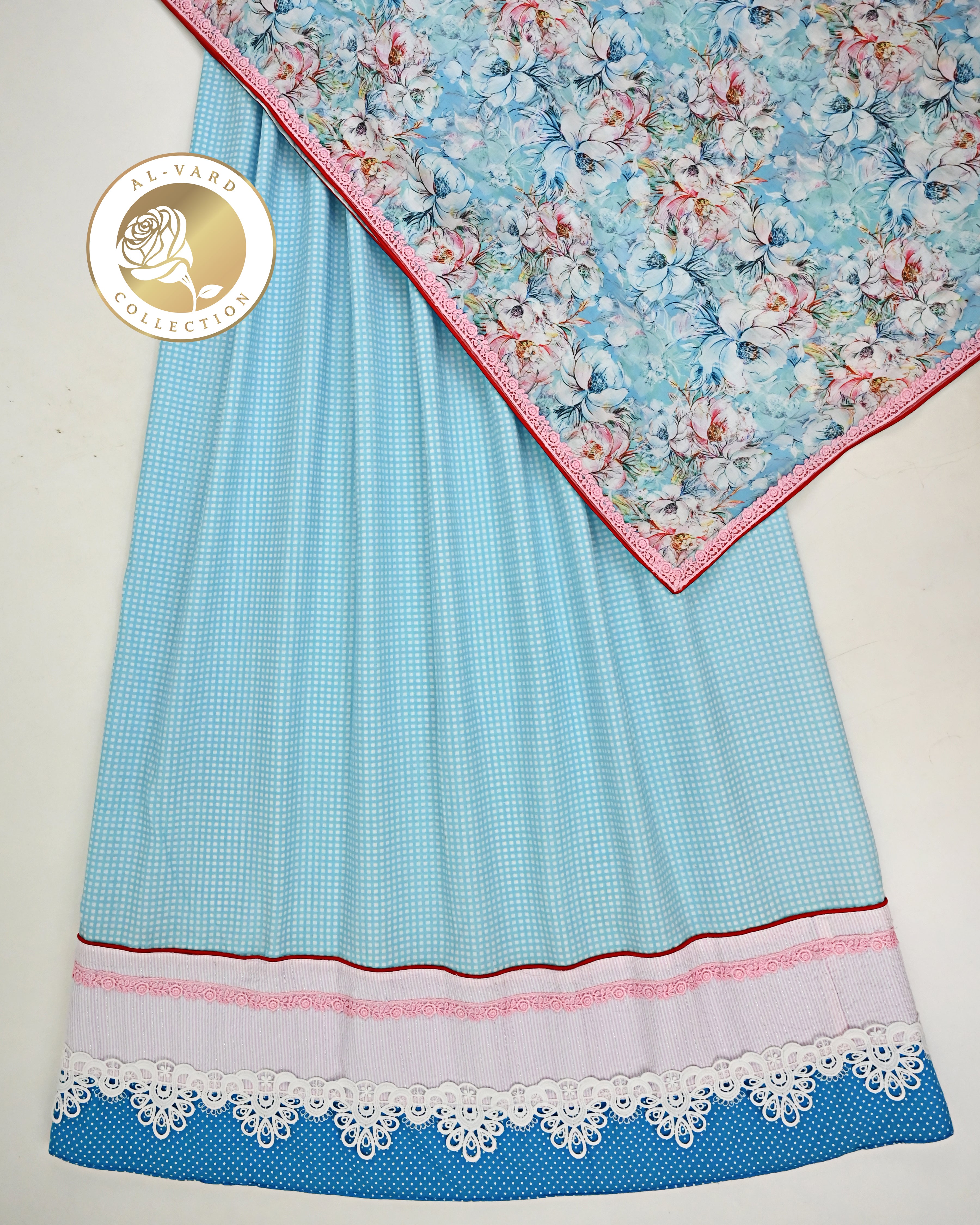 Light Blue Mini Checks Jodi With Smart Lace Panel & Floral Print Dupatta