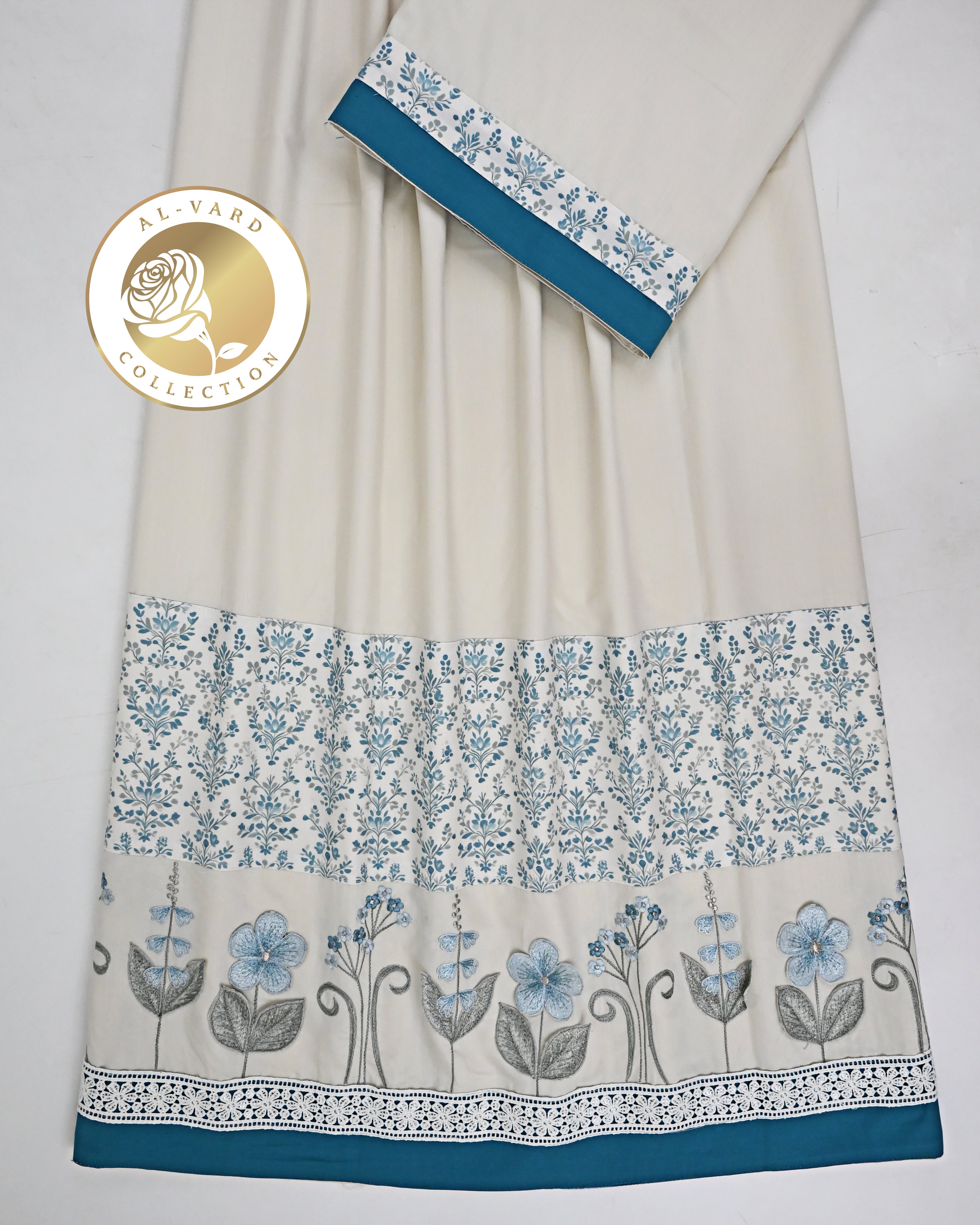 Beige Rida With Floral Print Panel & Floral Embroidery Work & Lace