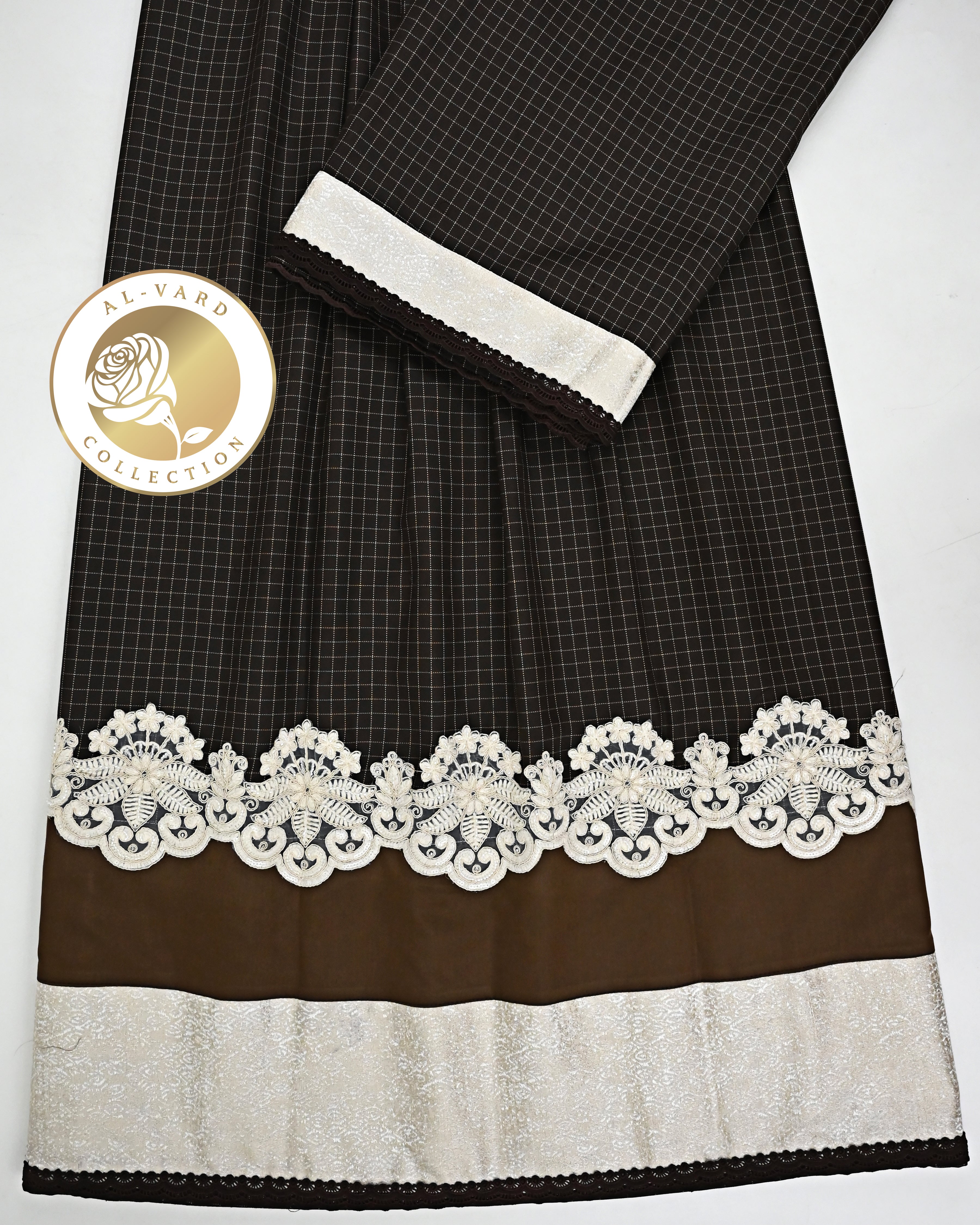 Dark Brown Checks Rida With Brown Cream Panel & Smart Floral Lace