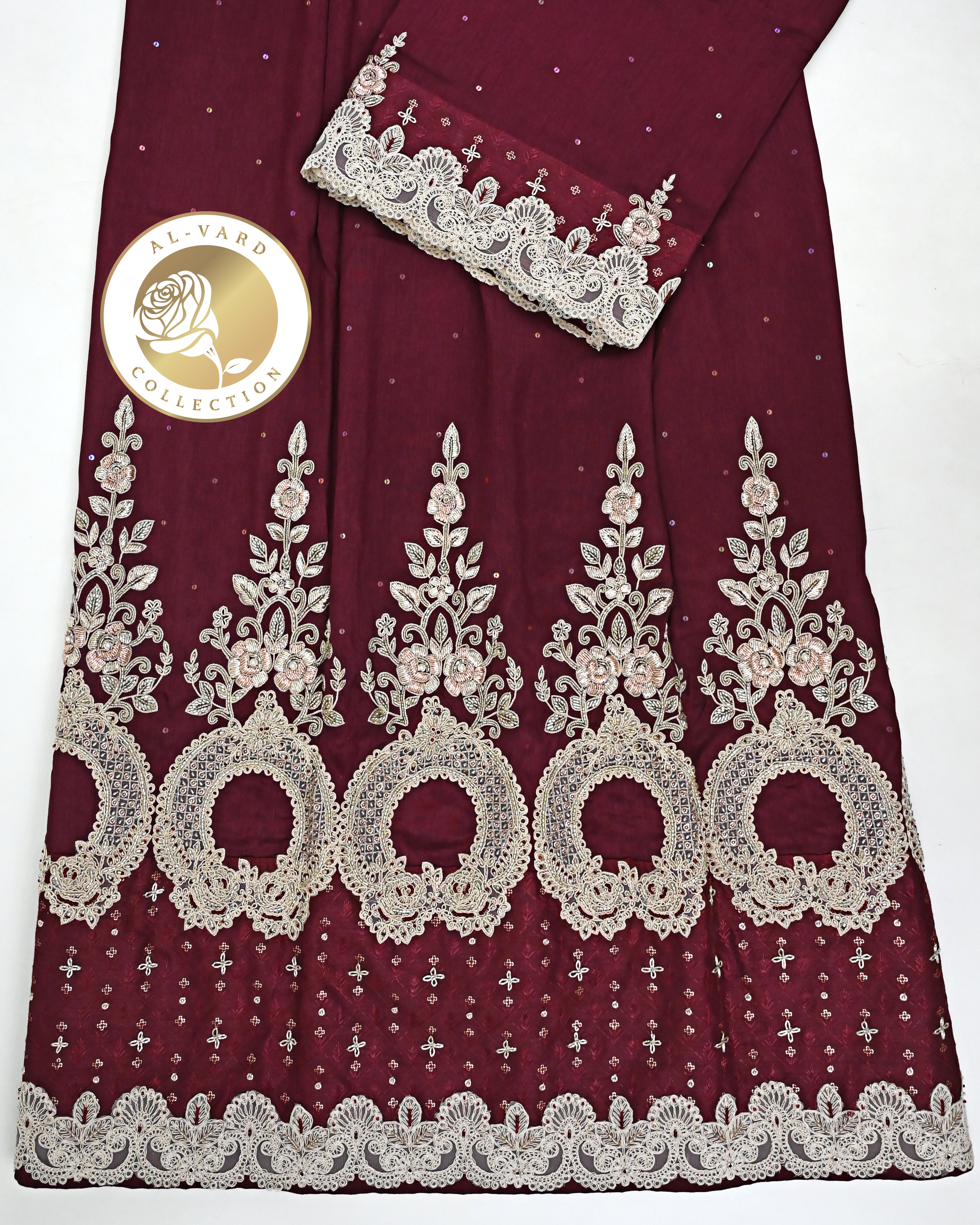 Deep Maroon Bridal Rida With Heavy Floral Aari Work & Heavy Look Lace