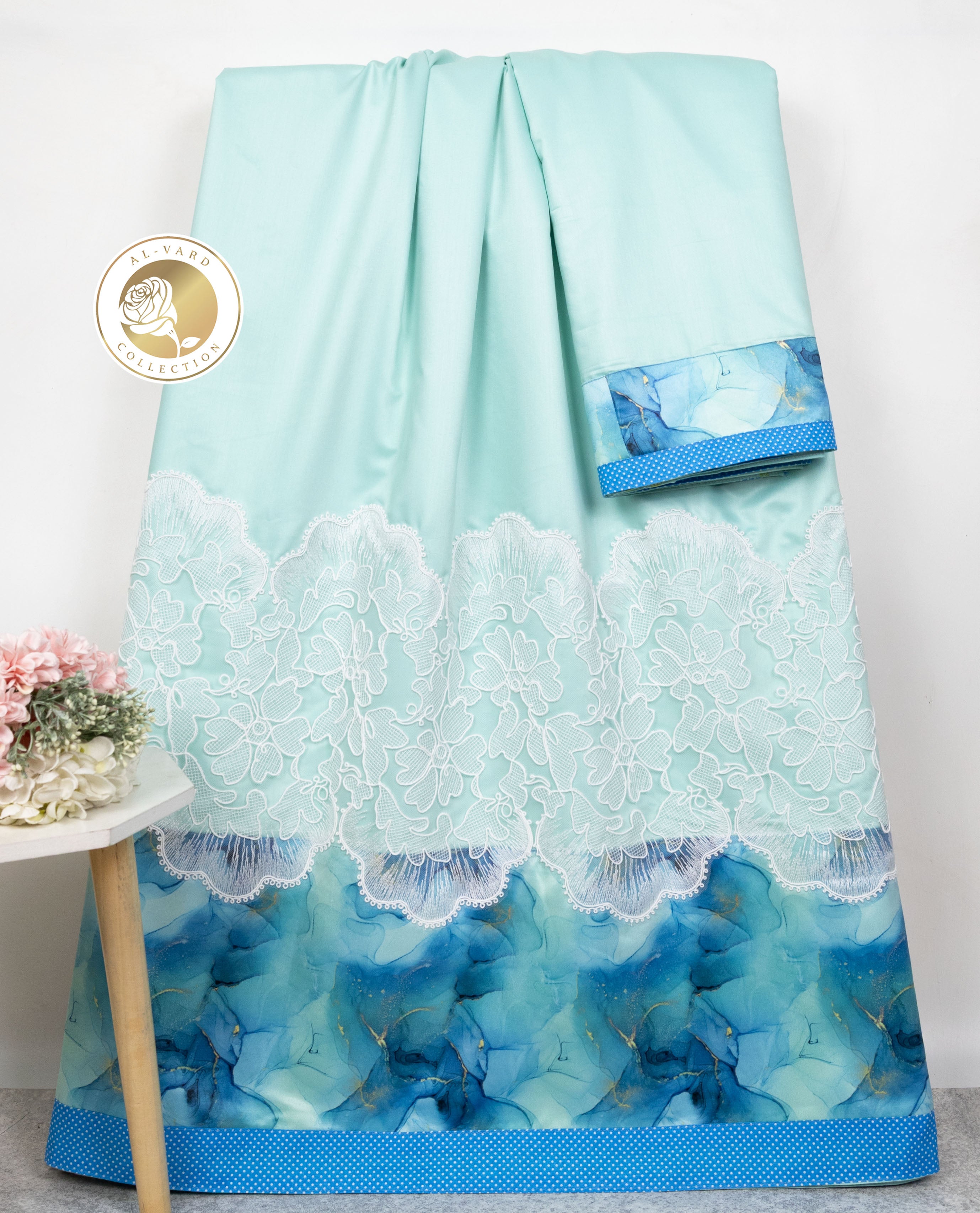 Pale Turquoise Rida With Smart White Floral Lace & Turquoise Floral Print Panel